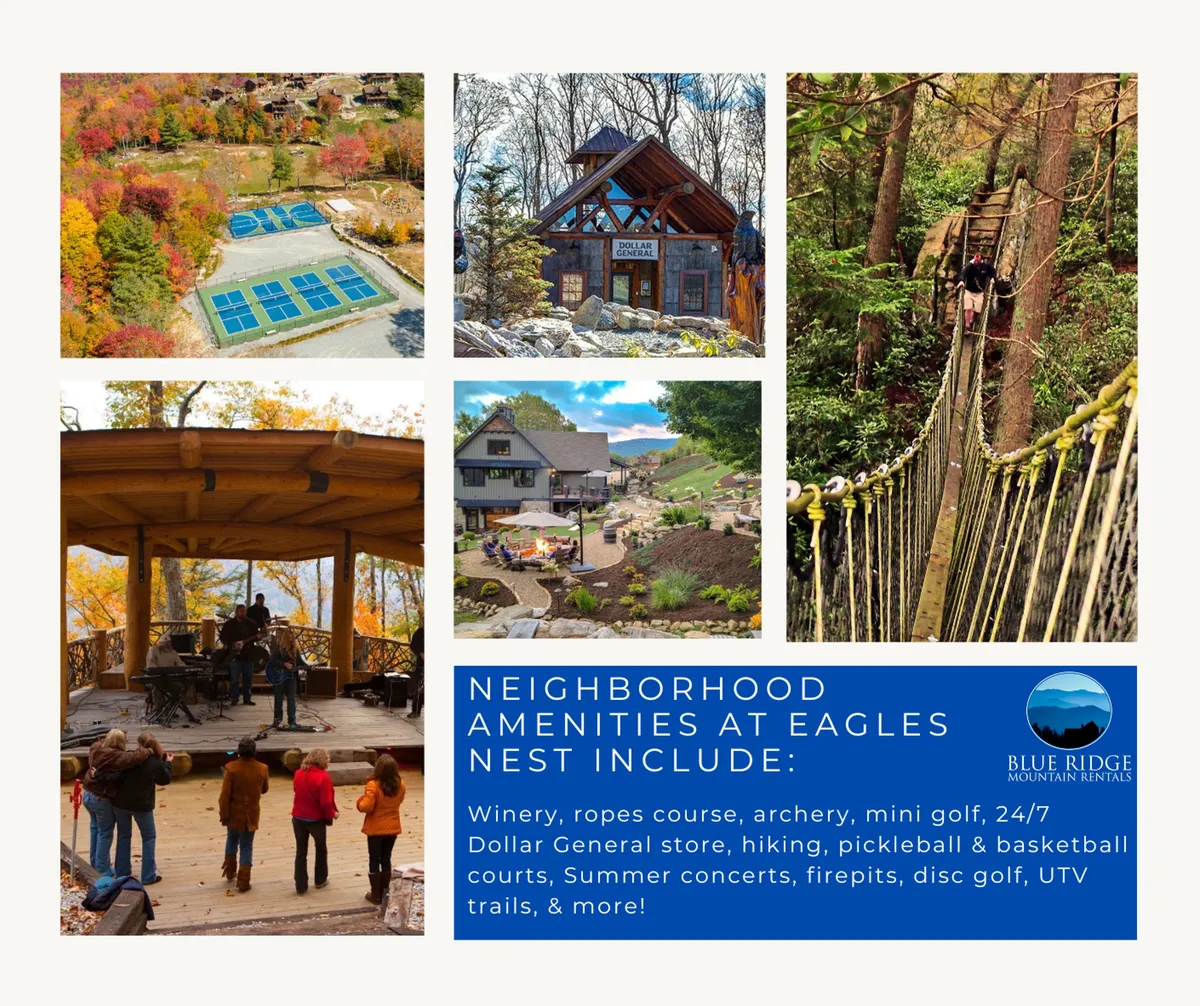 A lively exterior scene featuring a ropes course, mini-golf, a concert stage, a luxury lodge, and a scenic tree bridge. Guests are shown enjoying various activities such as wine tasting, outdoor sports, hiking, and live music performances. The lush surroundings and expansive amenities are showcased in the vibrant, festive atmosphere.